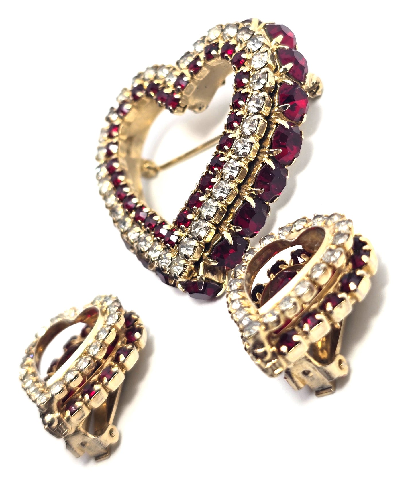 Clear and Red Rhinestone Early Joseph Warner Heart Brooch and Earrings