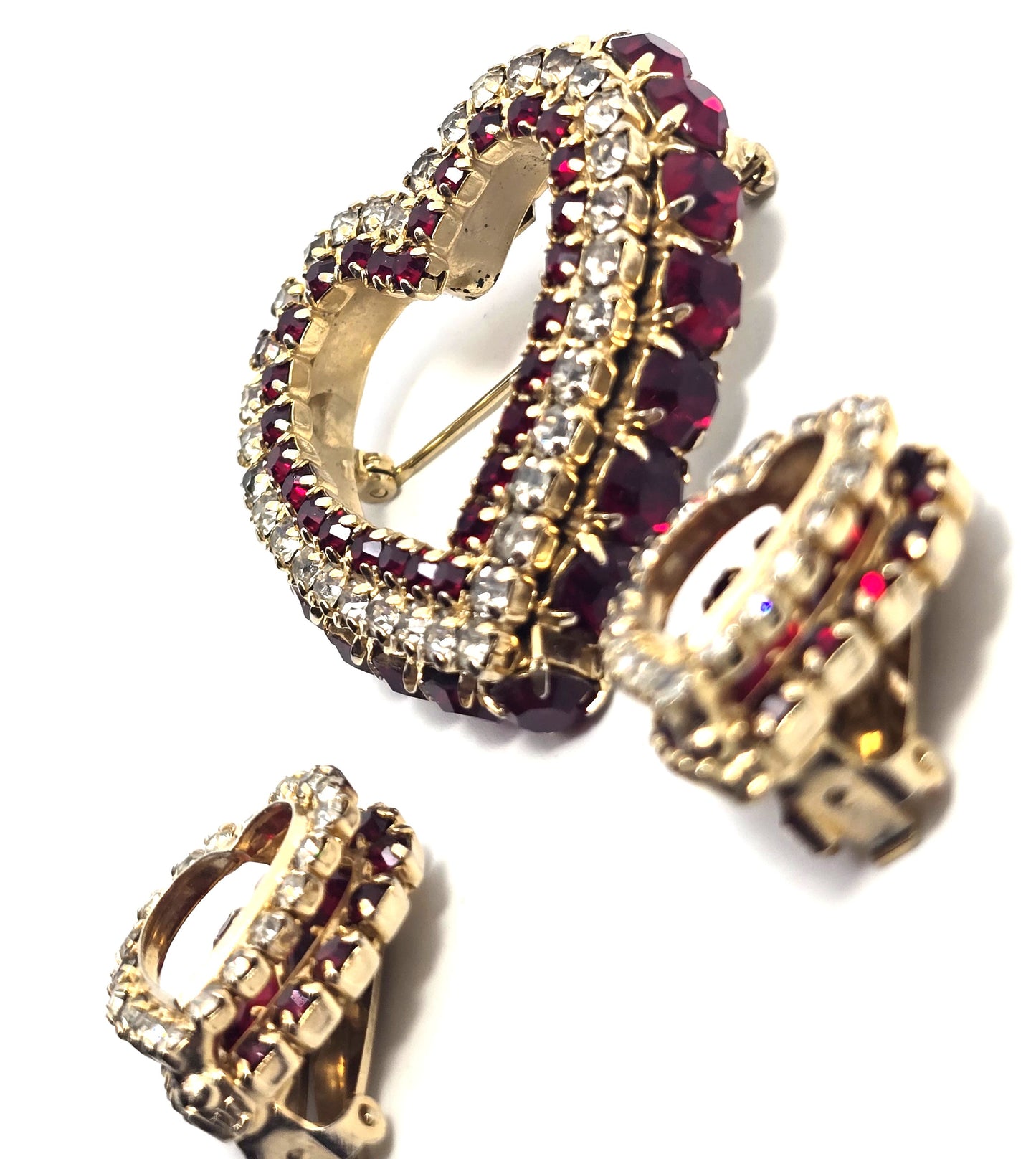 Clear and Red Rhinestone Early Joseph Warner Heart Brooch and Earrings