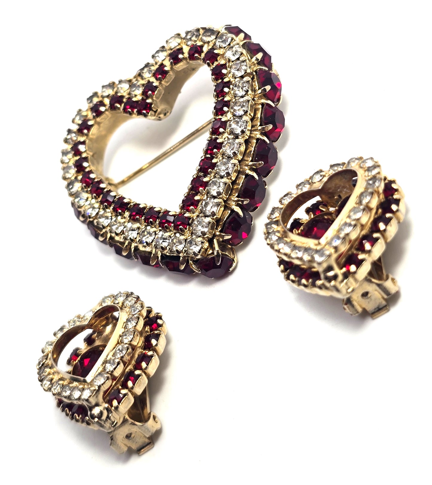 Clear and Red Rhinestone Early Joseph Warner Heart Brooch and Earrings