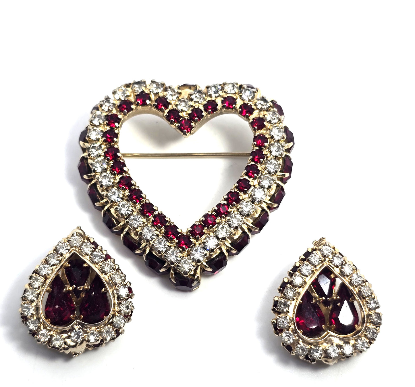 Clear and Red Rhinestone Early Joseph Warner Heart Brooch and Earrings