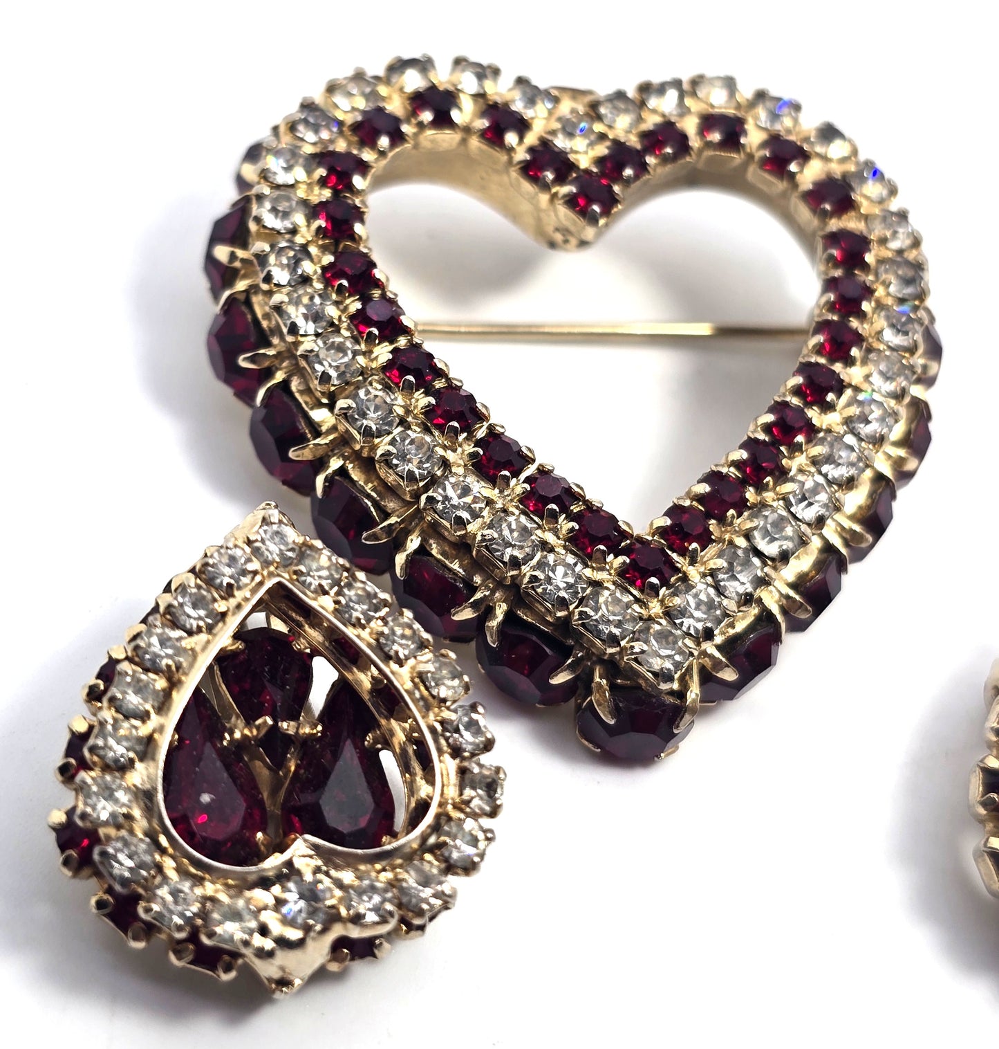 Clear and Red Rhinestone Early Joseph Warner Heart Brooch and Earrings
