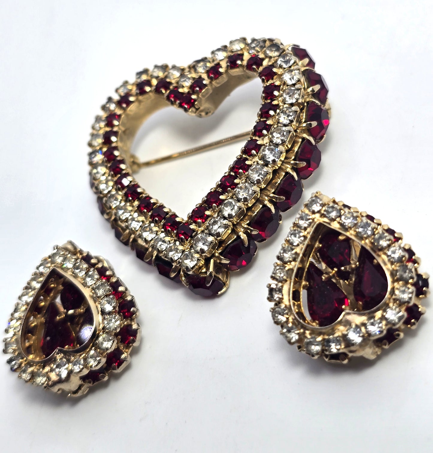Clear and Red Rhinestone Early Joseph Warner Heart Brooch and Earrings