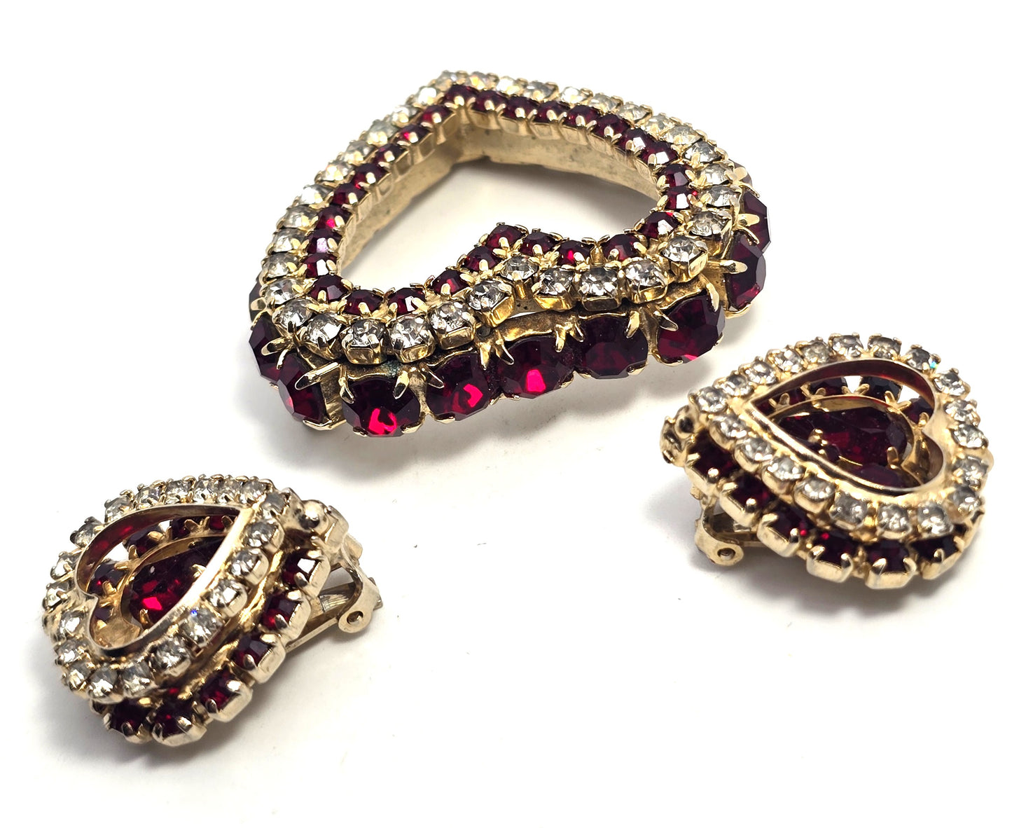 Clear and Red Rhinestone Early Joseph Warner Heart Brooch and Earrings