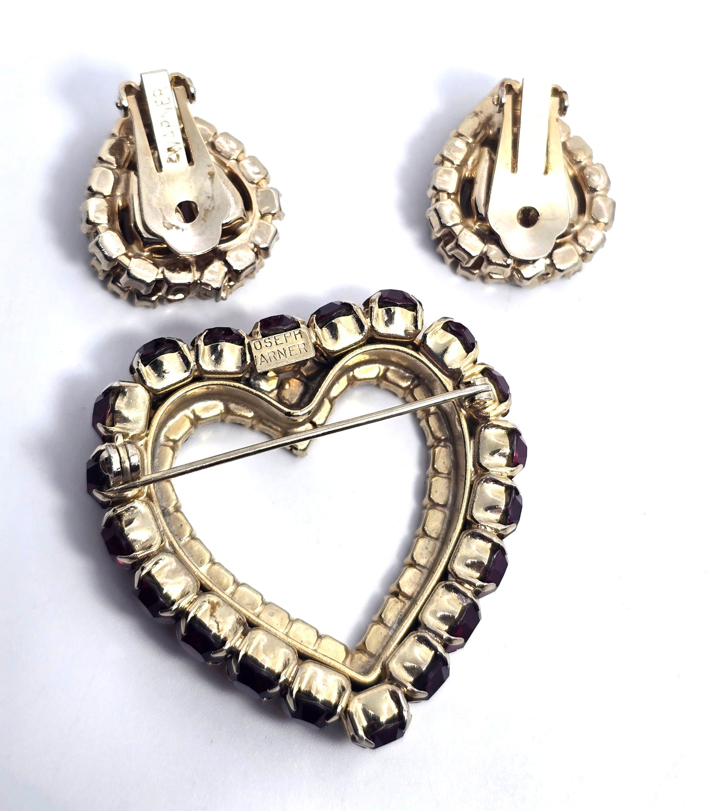 Clear and Red Rhinestone Early Joseph Warner Heart Brooch and Earrings