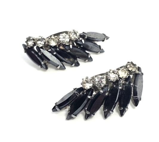 Hematite Navette rhinestone vintage mid century cluster clip on earrings