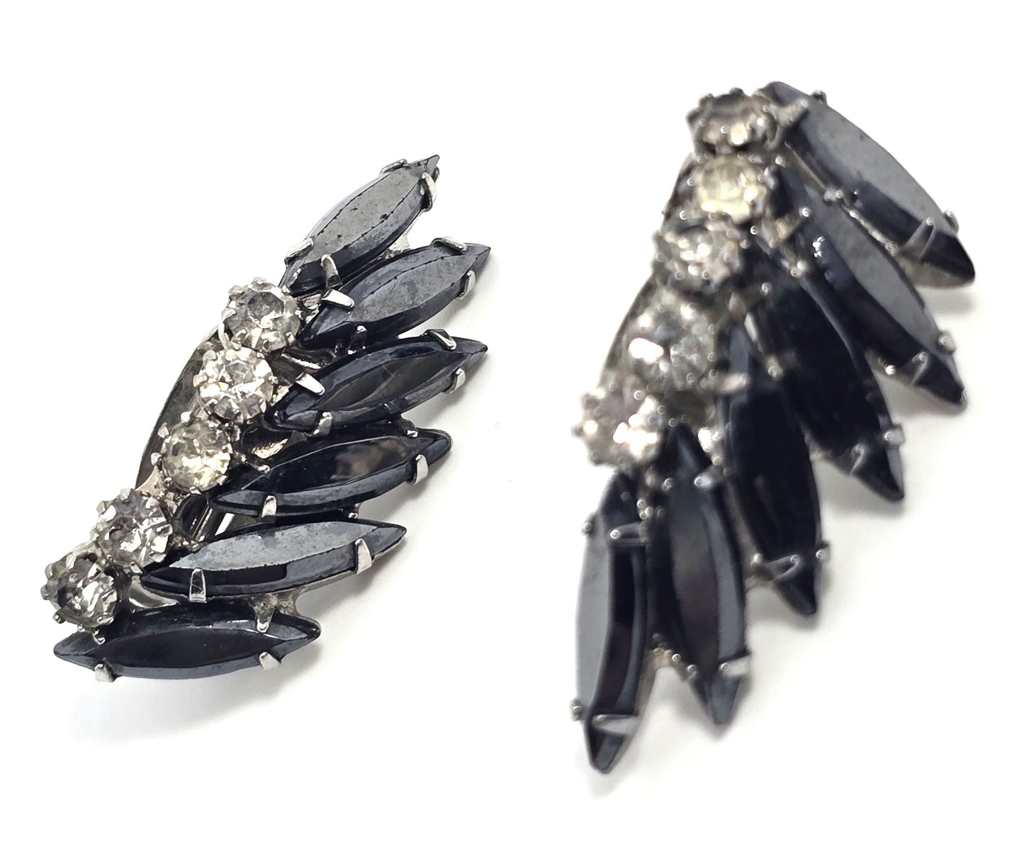 Hematite Navette rhinestone vintage mid century cluster clip on earrings