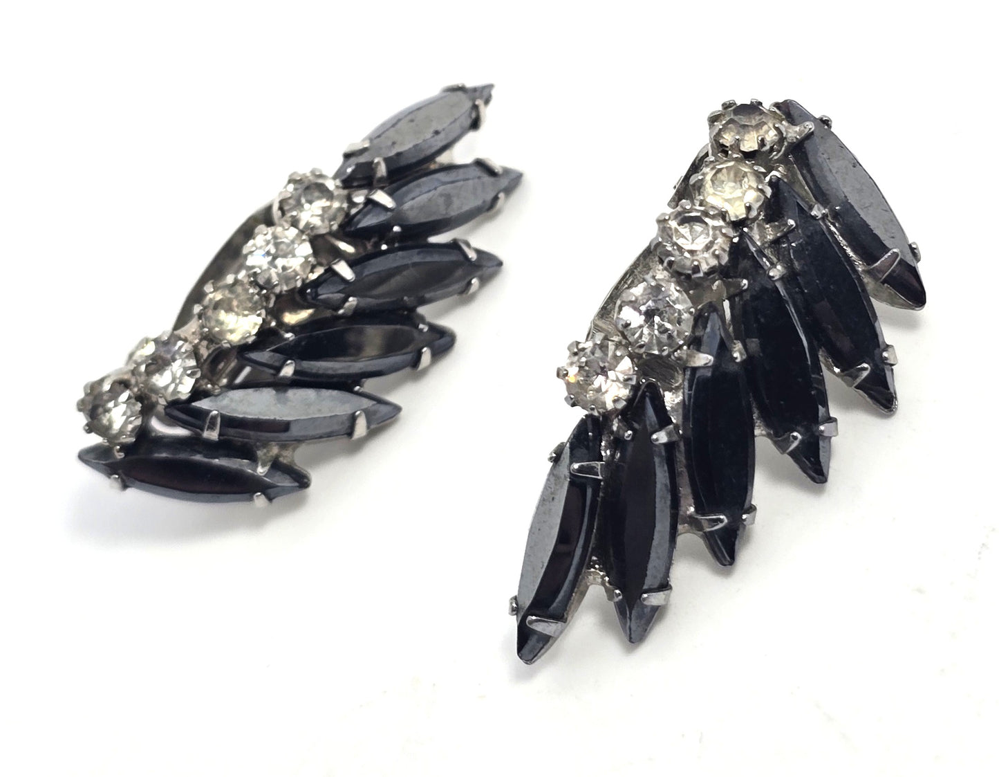 Hematite Navette rhinestone vintage mid century cluster clip on earrings