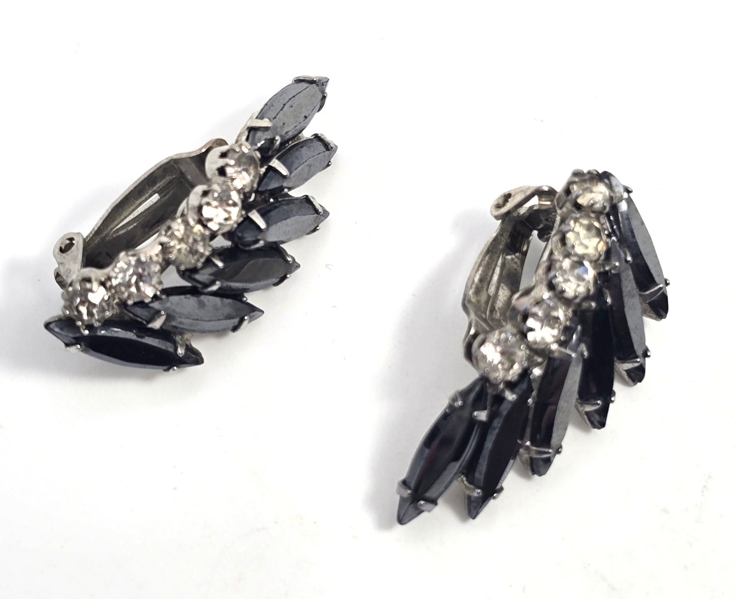 Hematite Navette rhinestone vintage mid century cluster clip on earrings