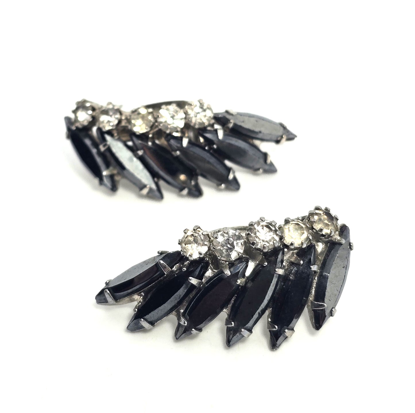 Hematite Navette rhinestone vintage mid century cluster clip on earrings