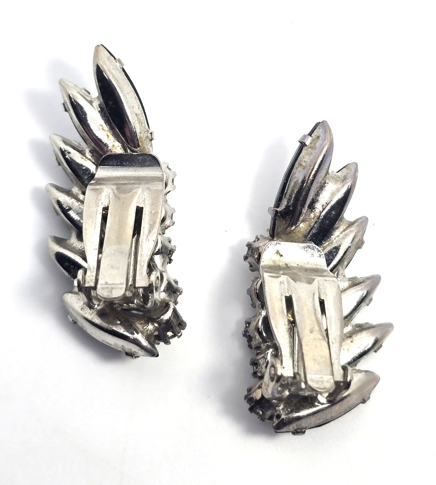 Hematite Navette rhinestone vintage mid century cluster clip on earrings