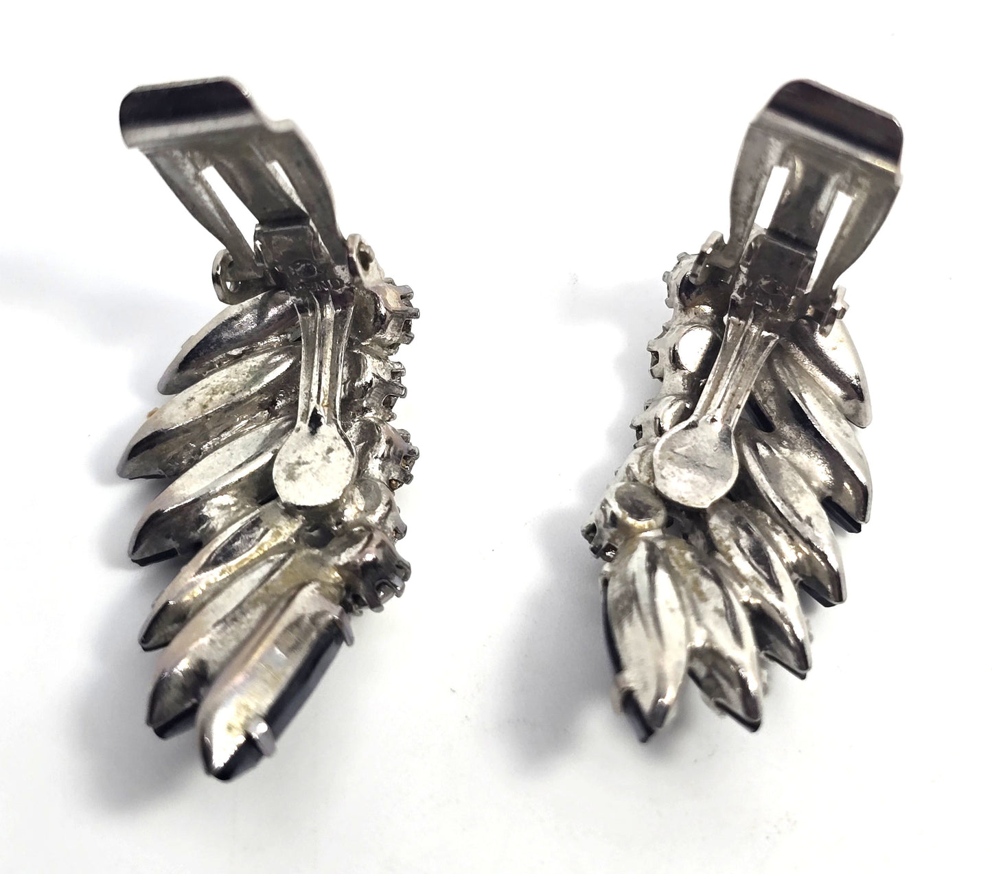 Hematite Navette rhinestone vintage mid century cluster clip on earrings