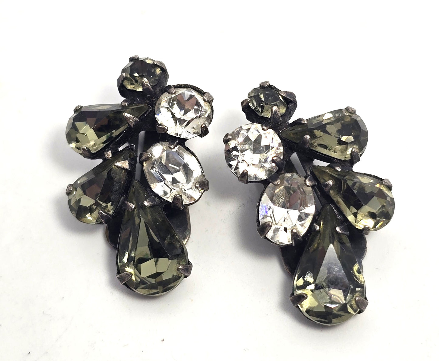 Smokey grey pear cut mid century cluster vintage clip on earrings