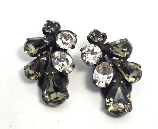 Smokey grey pear cut mid century cluster vintage clip on earrings