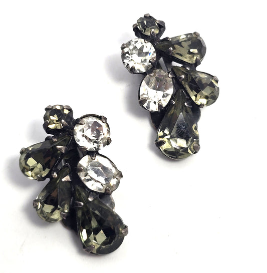 Smokey grey pear cut mid century cluster vintage clip on earrings