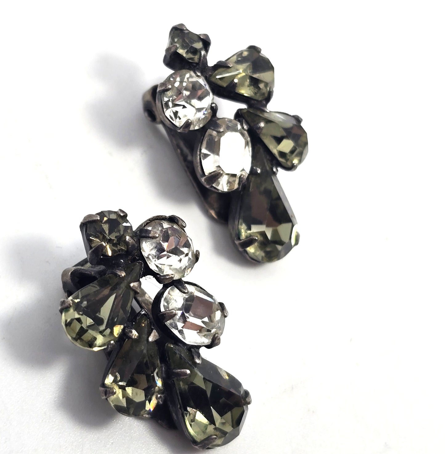 Smokey grey pear cut mid century cluster vintage clip on earrings