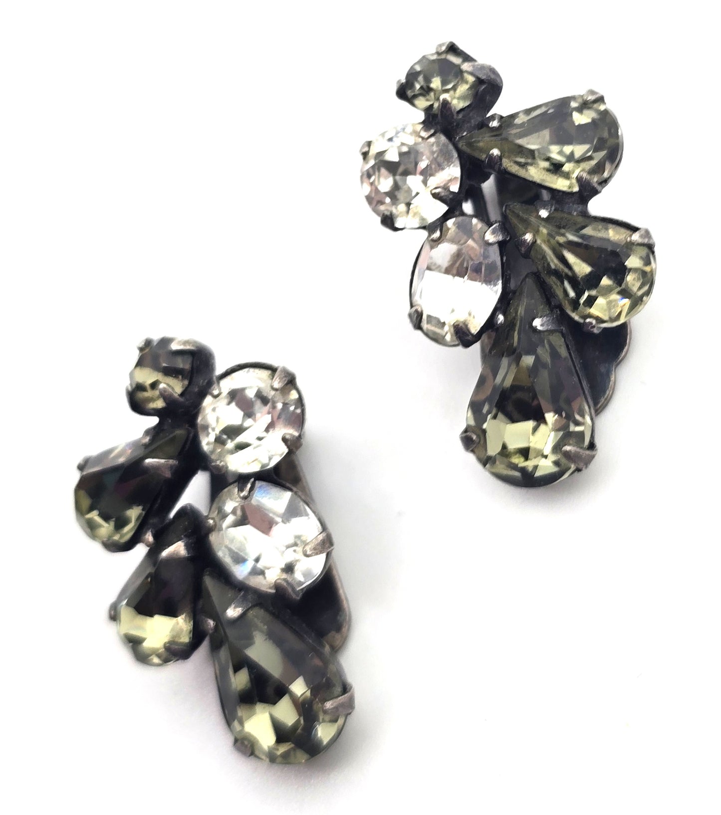 Smokey grey pear cut mid century cluster vintage clip on earrings