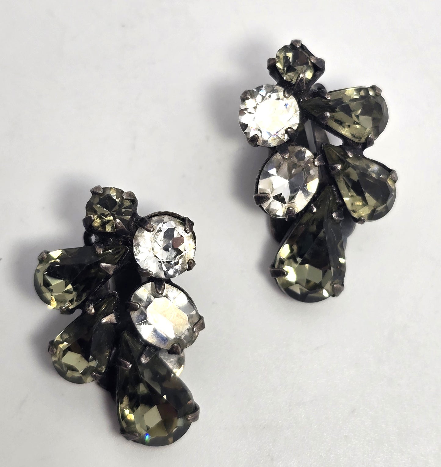 Smokey grey pear cut mid century cluster vintage clip on earrings