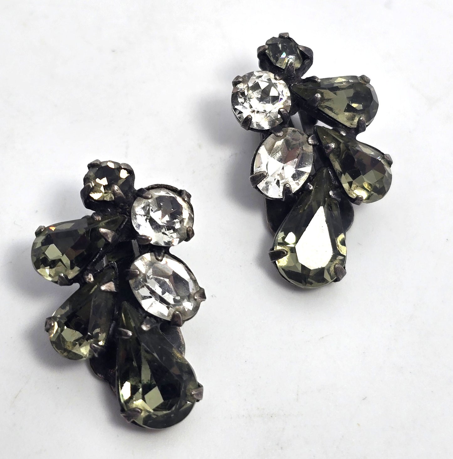 Smokey grey pear cut mid century cluster vintage clip on earrings