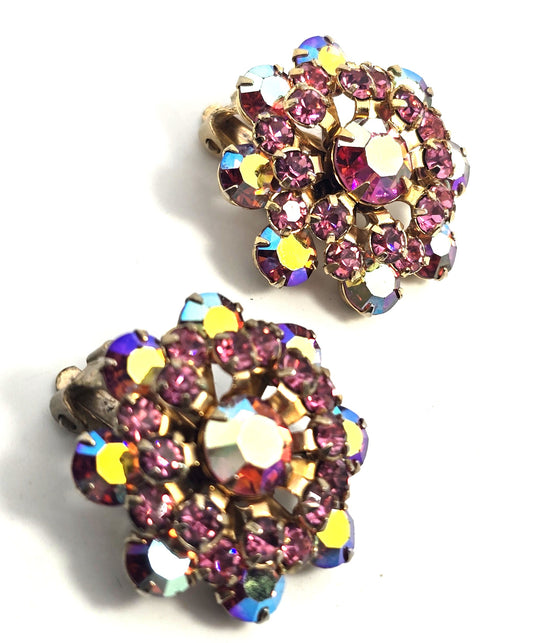 Weiss pink aurora borealis rhinestone gold toned flower vintage clip on earrings