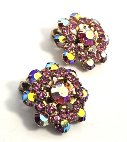 Weiss pink aurora borealis rhinestone gold toned flower vintage clip on earrings