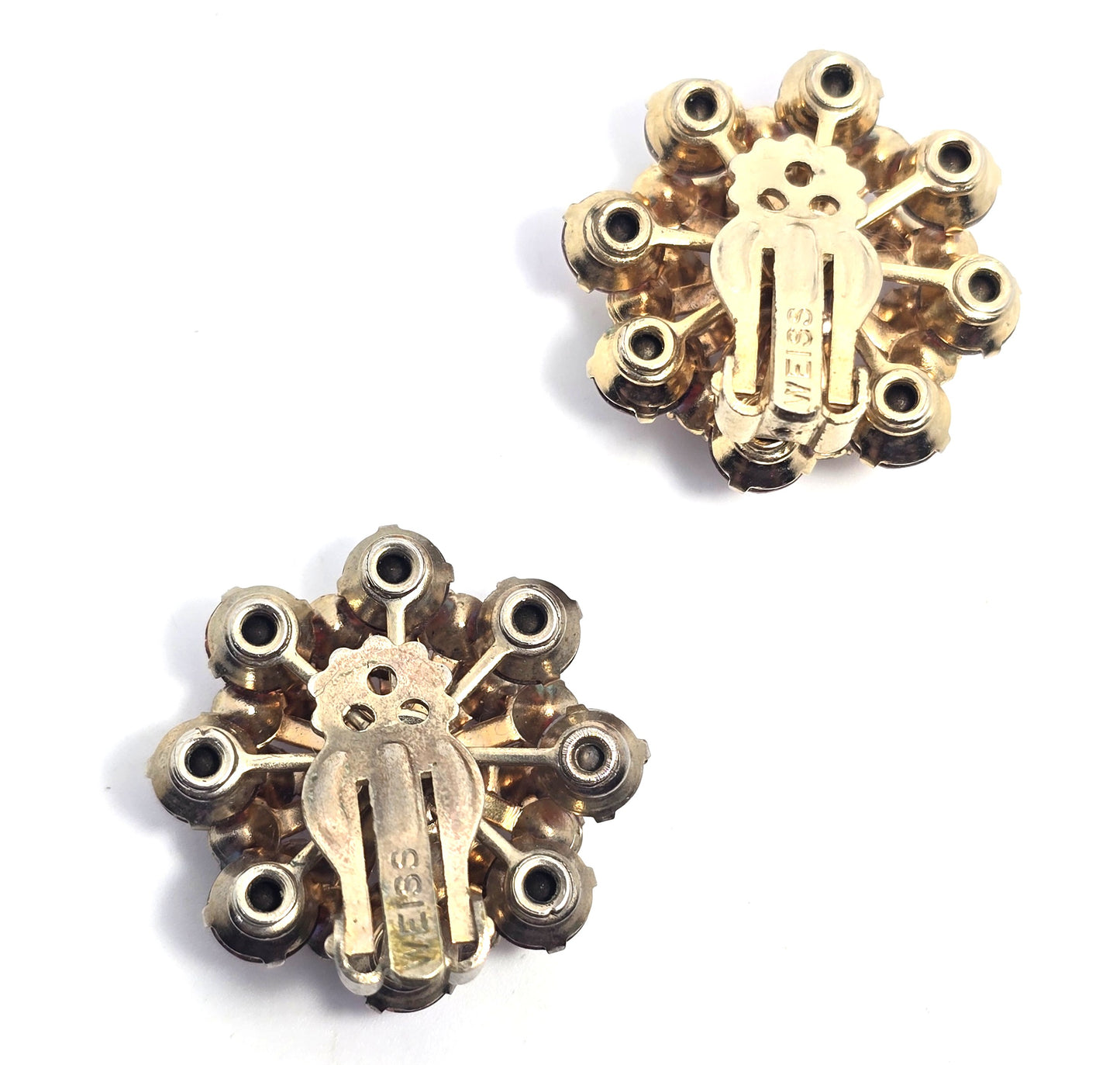 Weiss pink aurora borealis rhinestone gold toned flower vintage clip on earrings