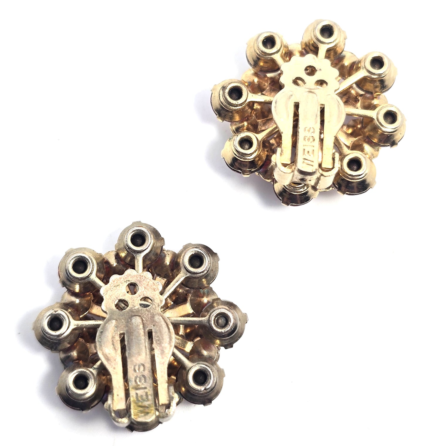 Weiss pink aurora borealis rhinestone gold toned flower vintage clip on earrings