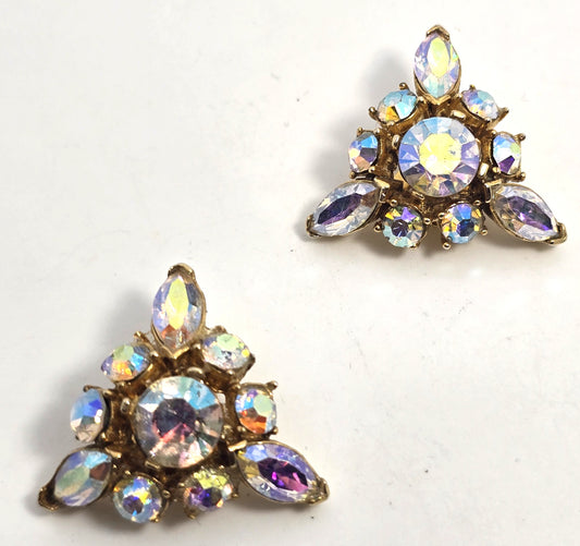 Pell Rainbow aurora borealis triangle rhinestone clip on vintage earrings