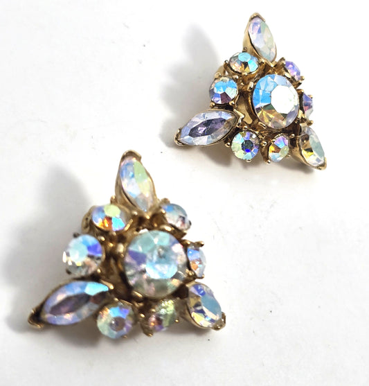 Pell Rainbow aurora borealis triangle rhinestone clip on vintage earrings