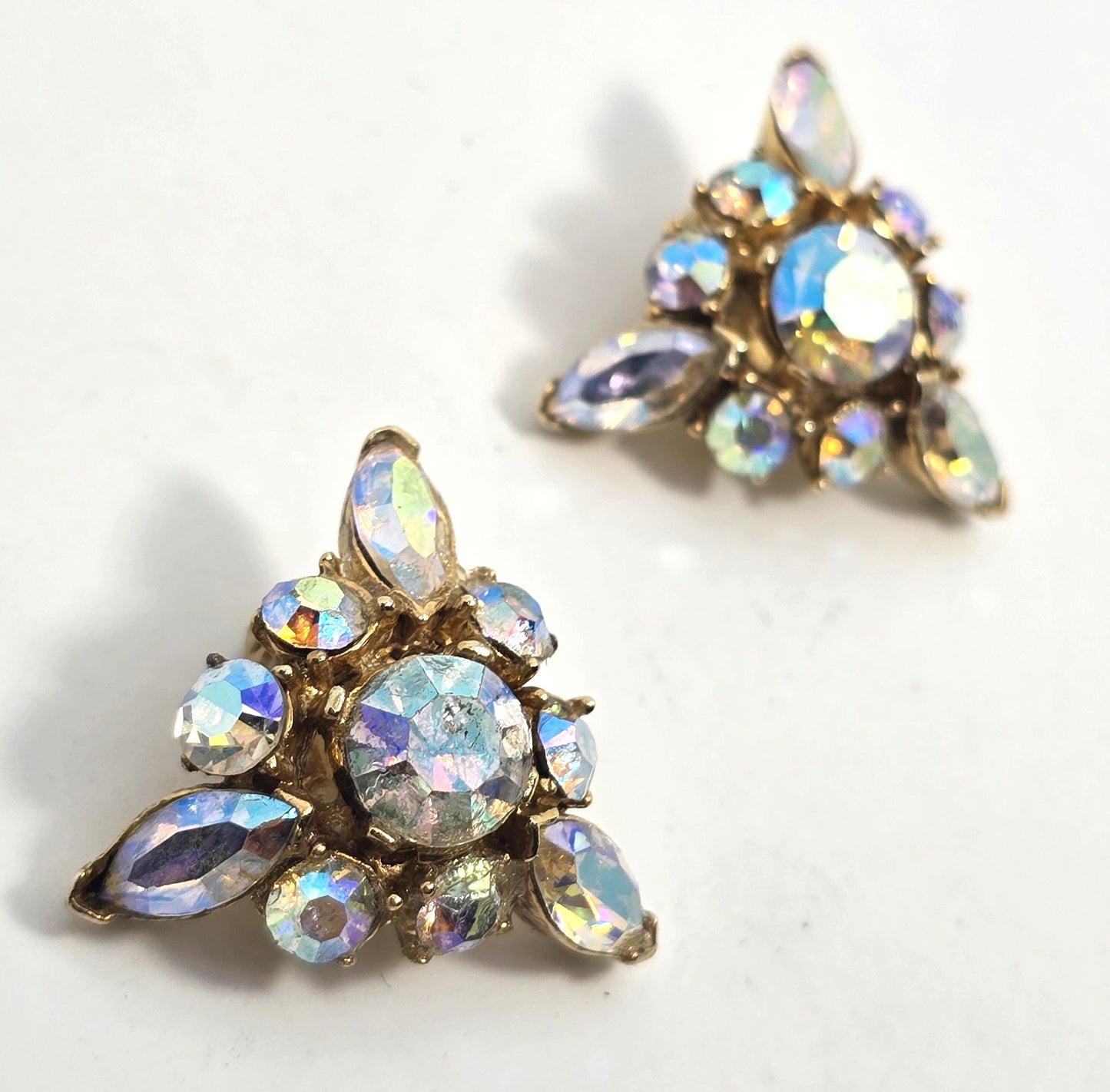 Pell Rainbow aurora borealis triangle rhinestone clip on vintage earrings