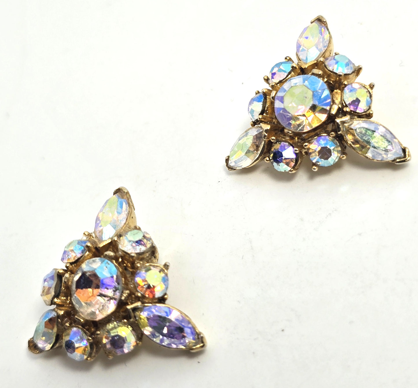 Pell Rainbow aurora borealis triangle rhinestone clip on vintage earrings