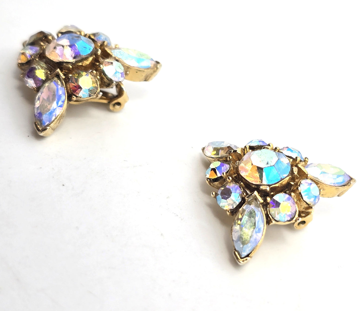 Pell Rainbow aurora borealis triangle rhinestone clip on vintage earrings