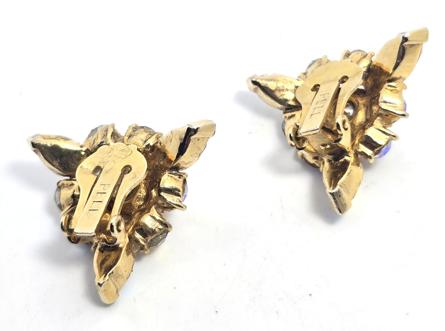 Pell Rainbow aurora borealis triangle rhinestone clip on vintage earrings