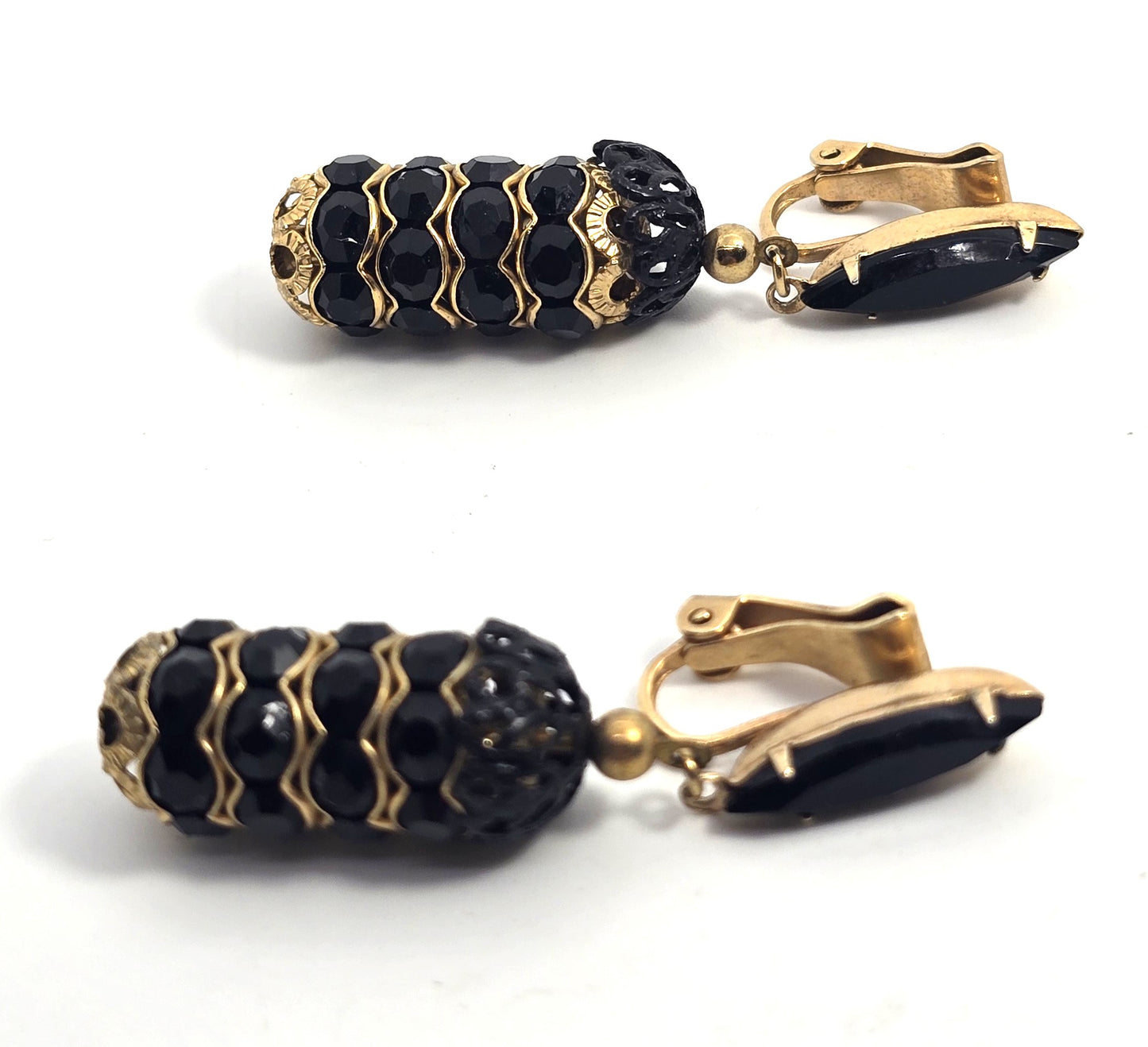Lewis Segal black rhinestone gold toned drop vintage clip on earrings