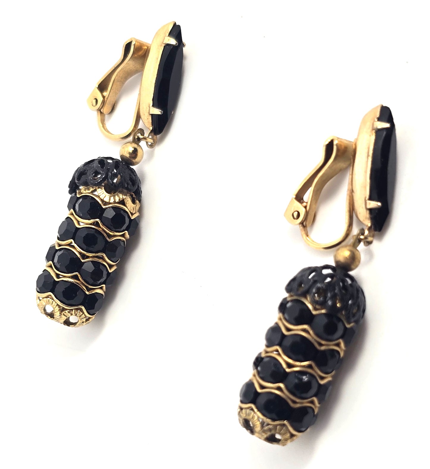 Lewis Segal black rhinestone gold toned drop vintage clip on earrings