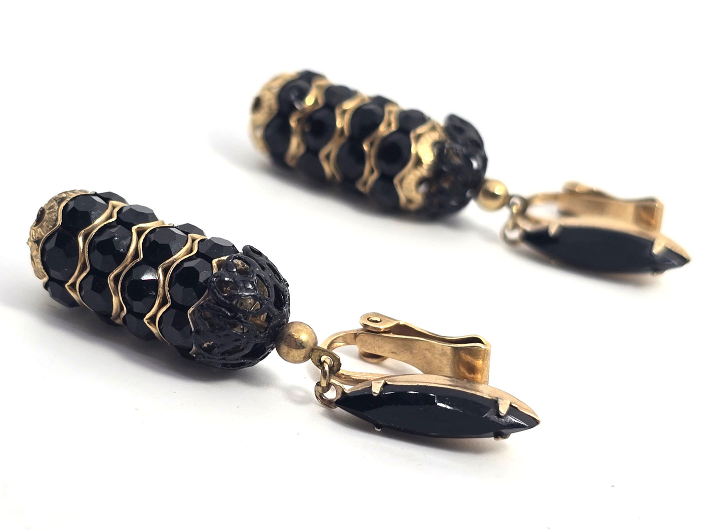 Lewis Segal black rhinestone gold toned drop vintage clip on earrings