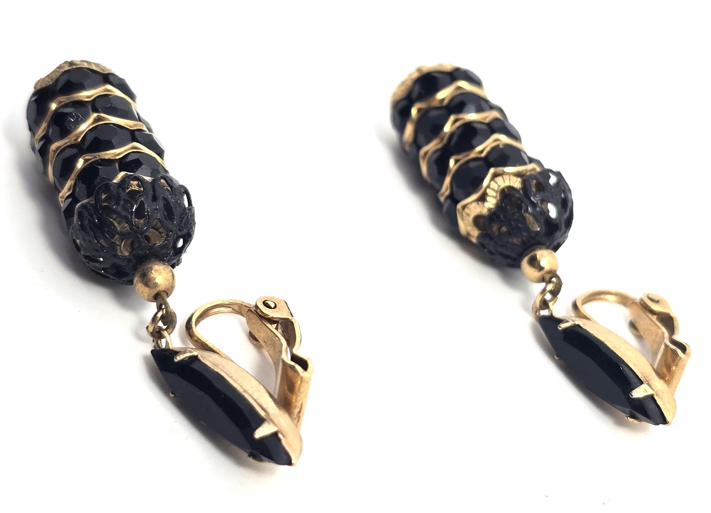 Lewis Segal black rhinestone gold toned drop vintage clip on earrings