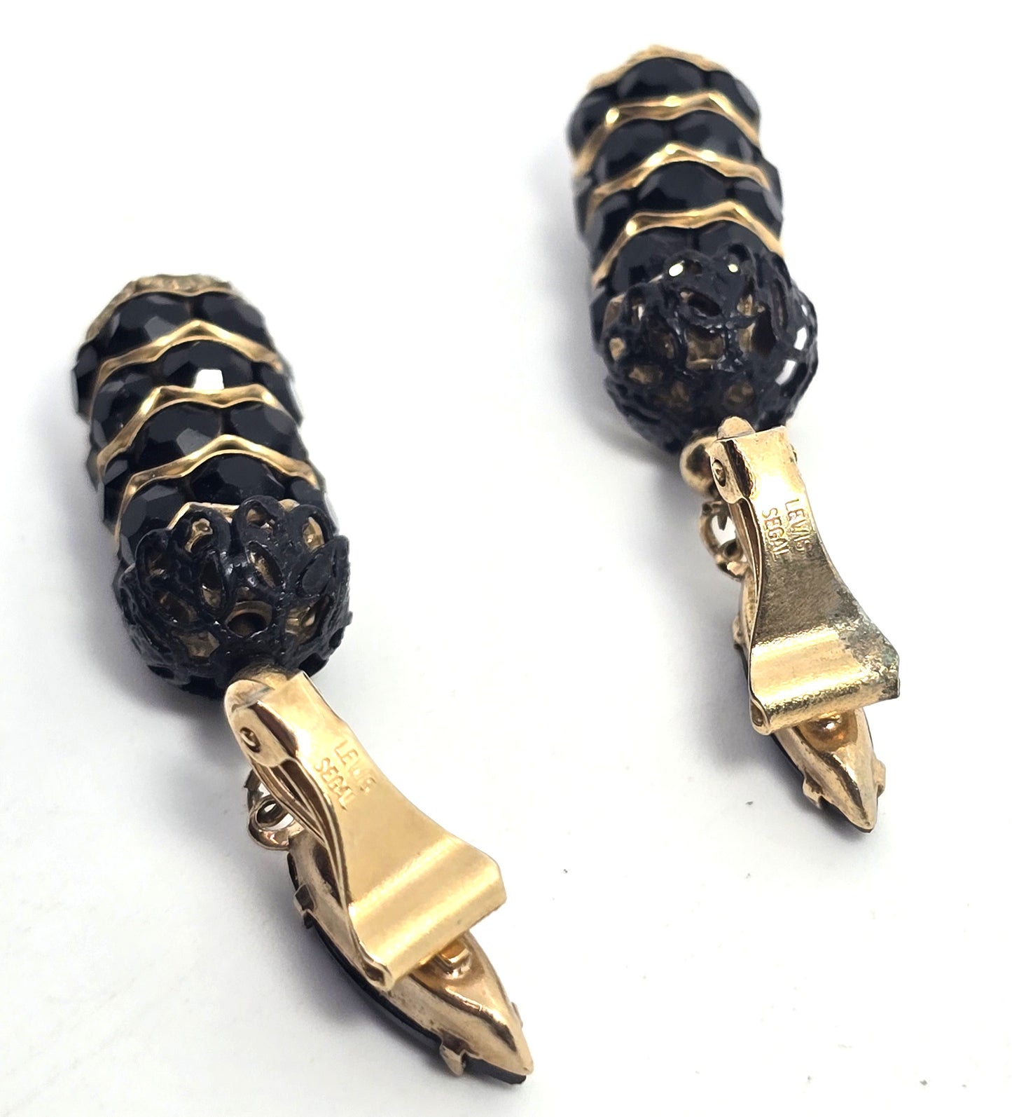 Lewis Segal black rhinestone gold toned drop vintage clip on earrings