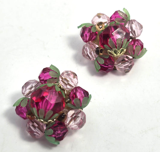 Strawberry pink and green plastic beaded gold toned vintage clip on earrings