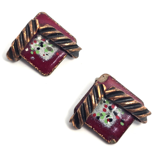 Renoir Matisse copper red enamel abstract signed vintage clip on earrings