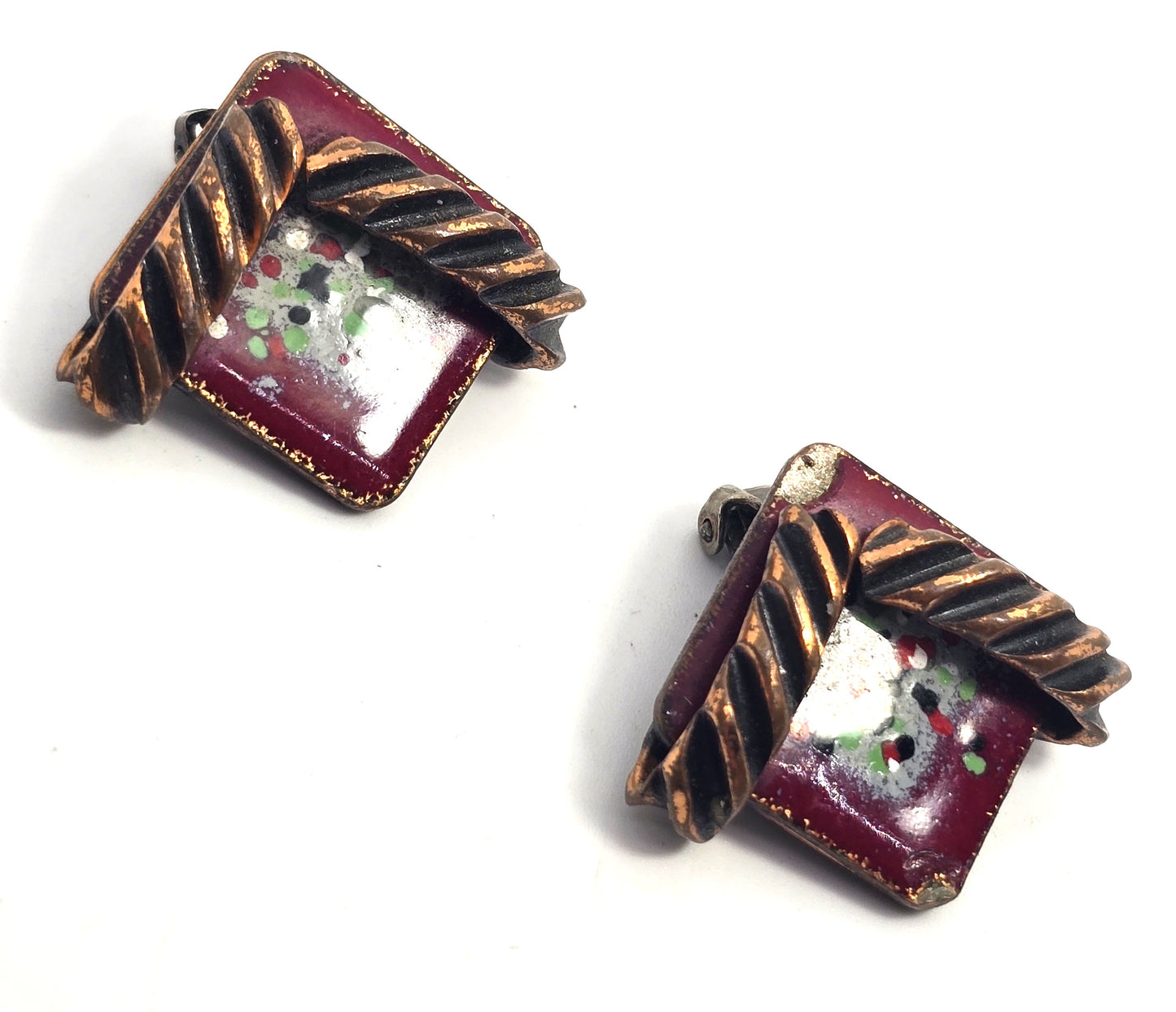 Renoir Matisse copper red enamel abstract signed vintage clip on earrings
