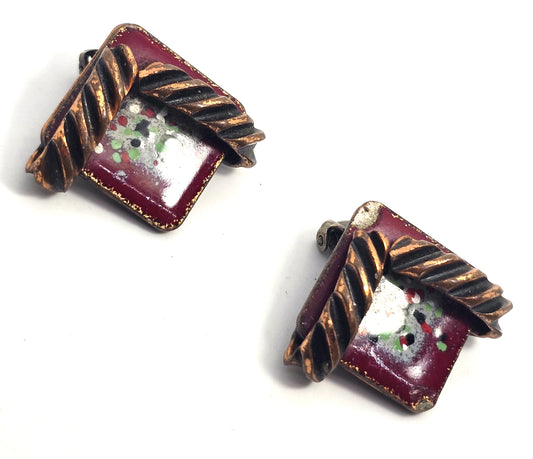 Renoir Matisse copper red enamel abstract signed vintage clip on earrings