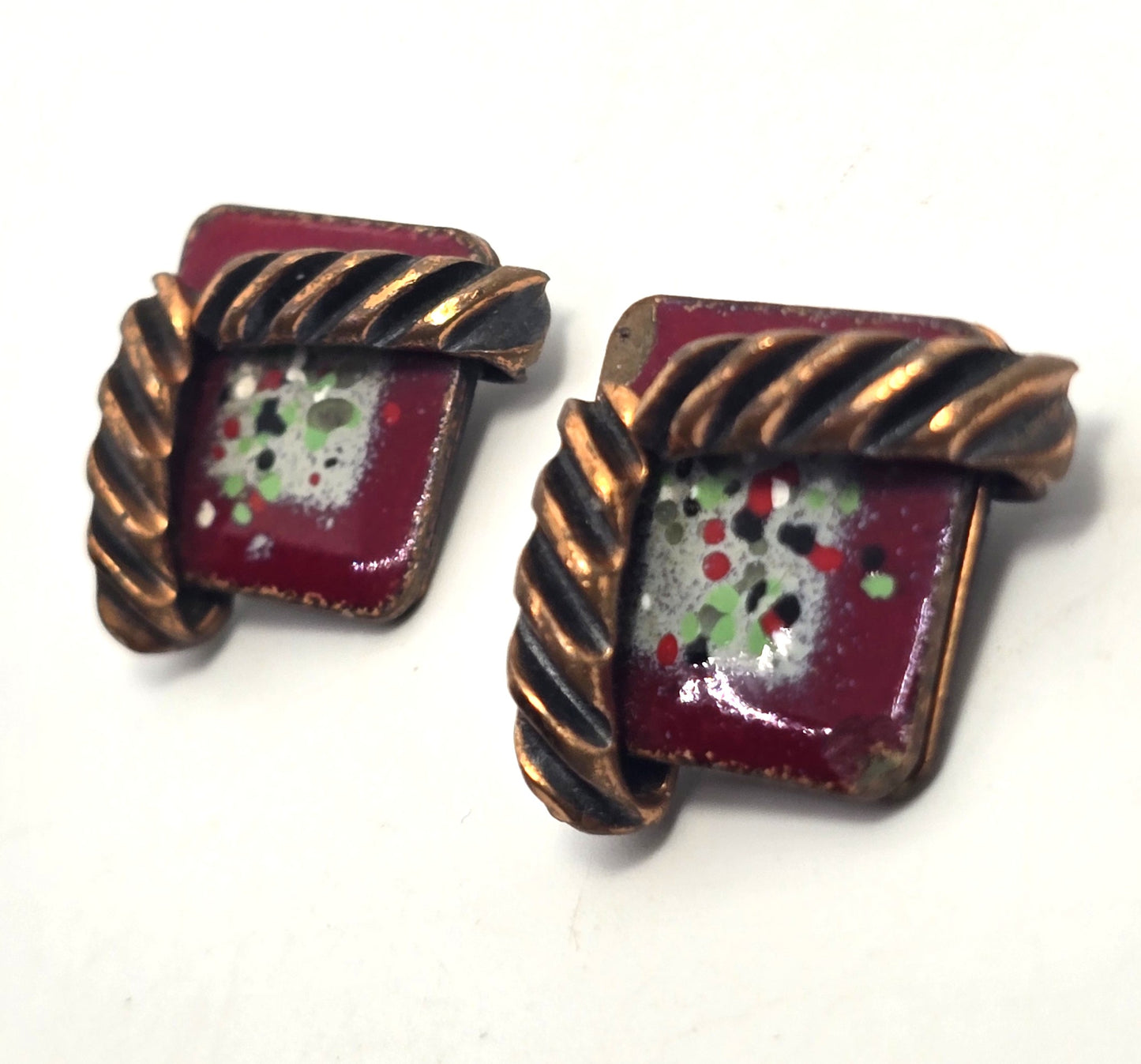 Renoir Matisse copper red enamel abstract signed vintage clip on earrings