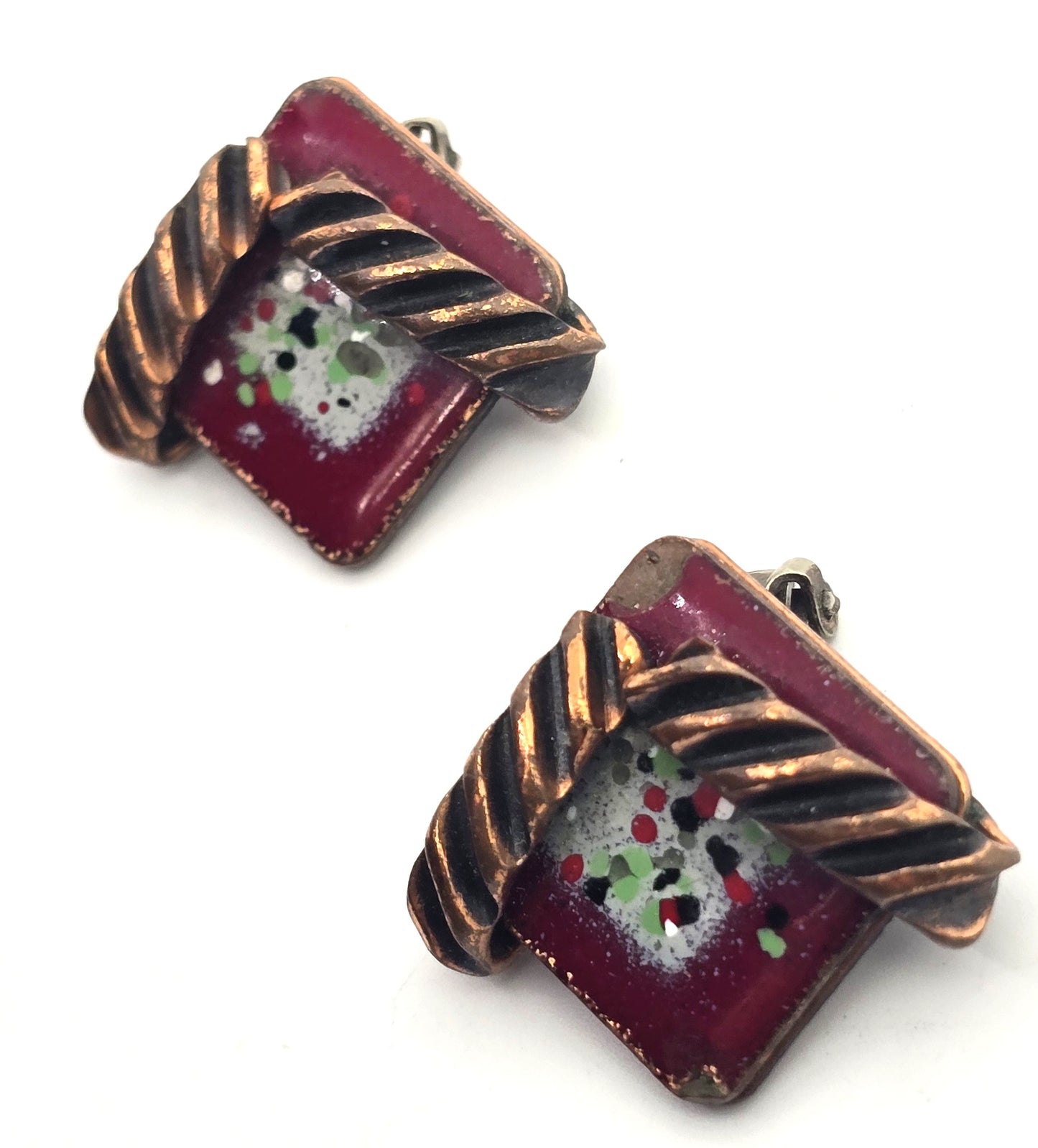 Renoir Matisse copper red enamel abstract signed vintage clip on earrings