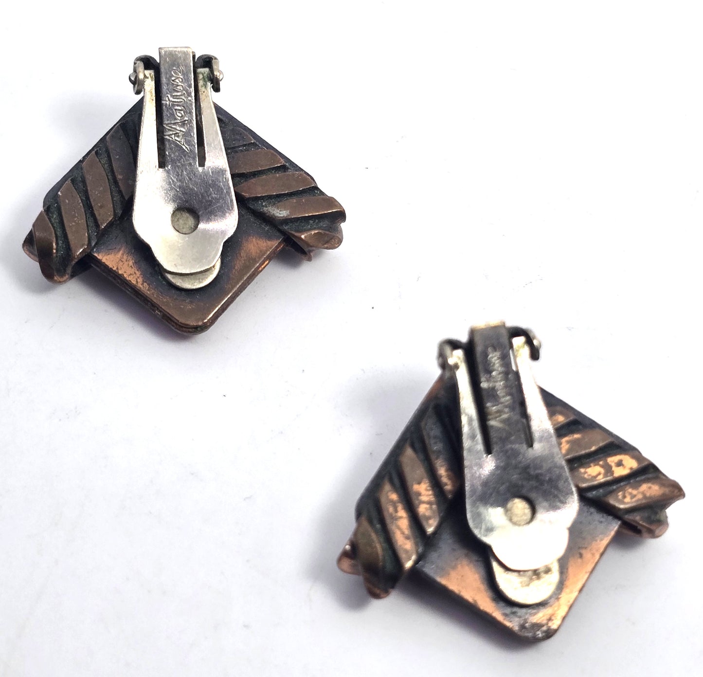 Renoir Matisse copper red enamel abstract signed vintage clip on earrings