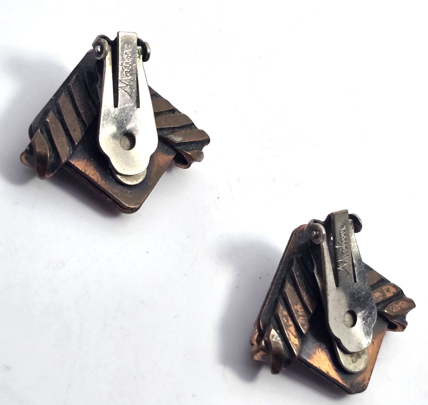 Renoir Matisse copper red enamel abstract signed vintage clip on earrings