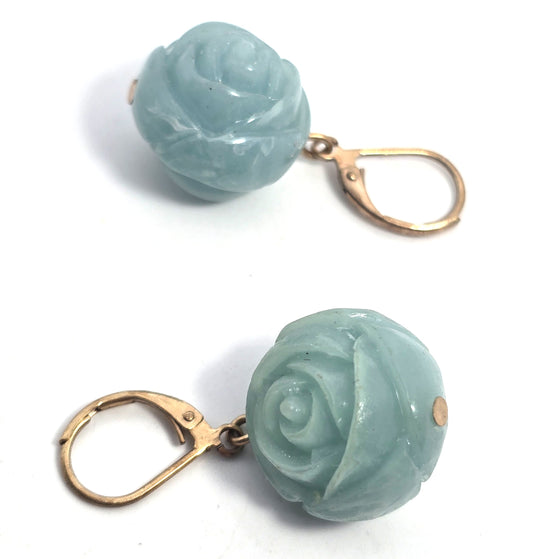 Rose bud light blue molded plastic lever back vintage earrings
