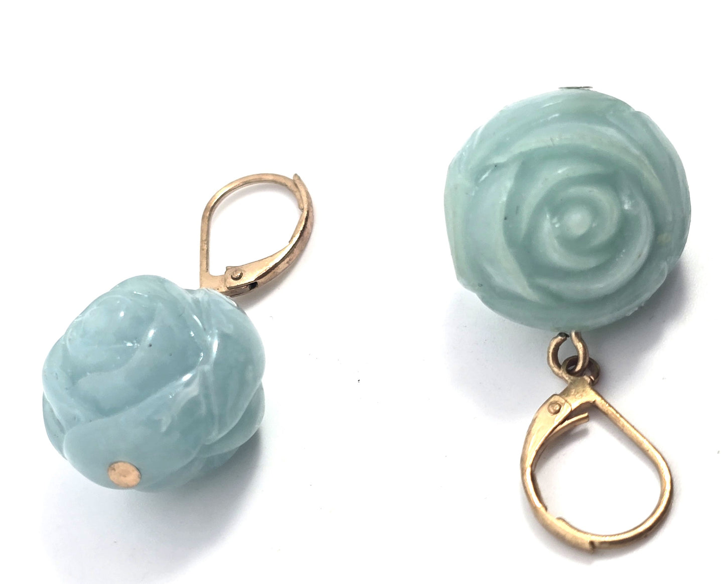 Rose bud light blue molded plastic lever back vintage earrings