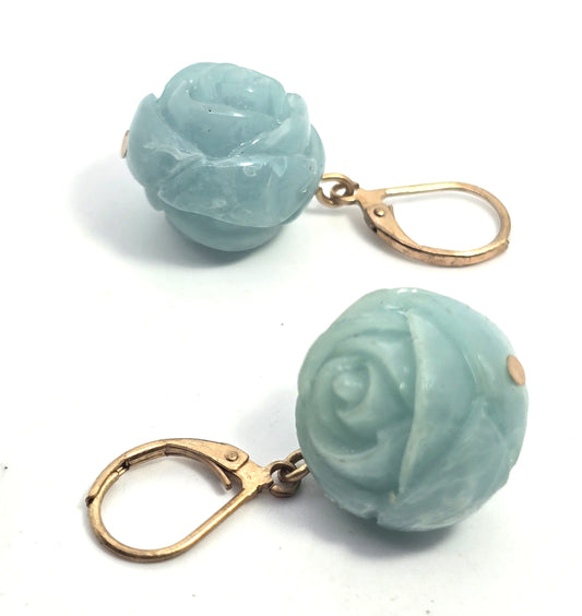 Rose bud light blue molded plastic lever back vintage earrings