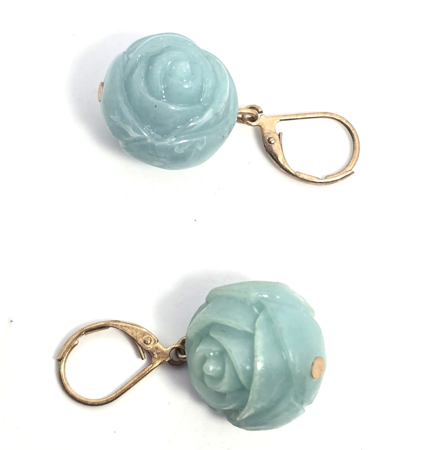 Rose bud light blue molded plastic lever back vintage earrings
