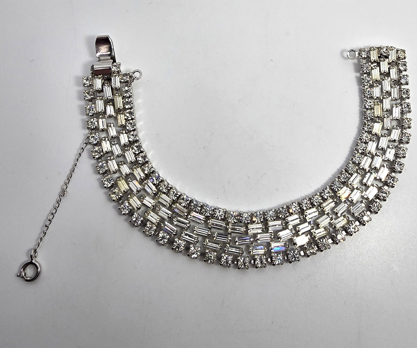 Large 5 row clear rhinestone mid century vintage cuff statement bracelet